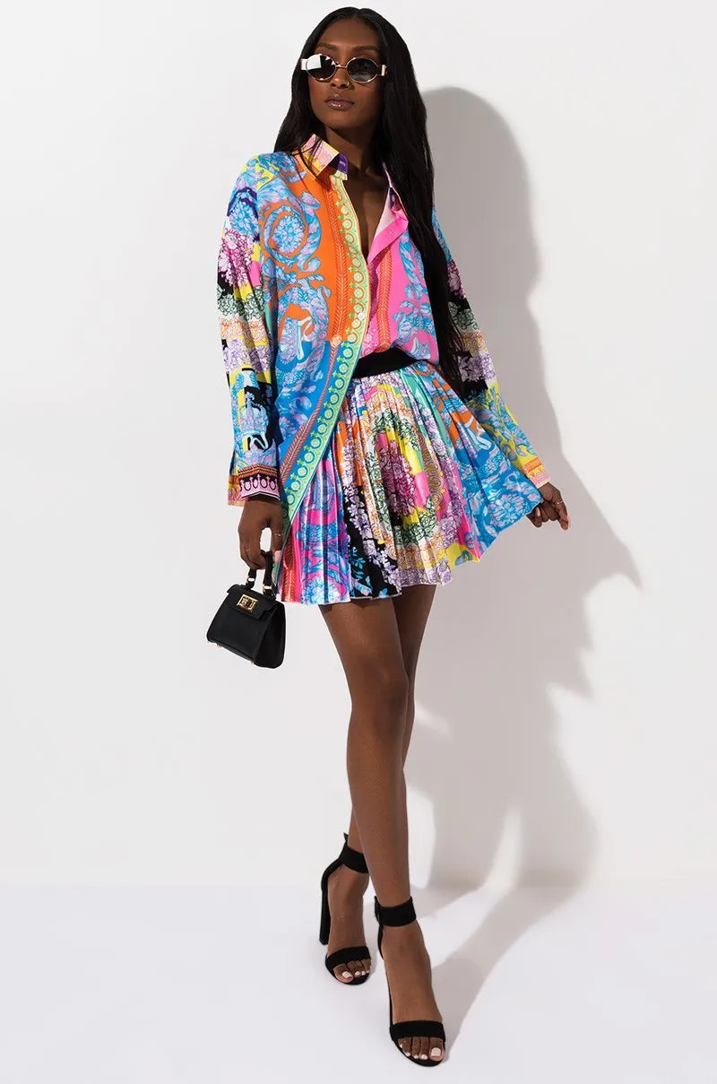 2 Pieces Set Sexy Autumn Fashion Women Set 2021 Female Tops Floral Print Long Sleeve Shirt Elastic Waist Mini Skirts