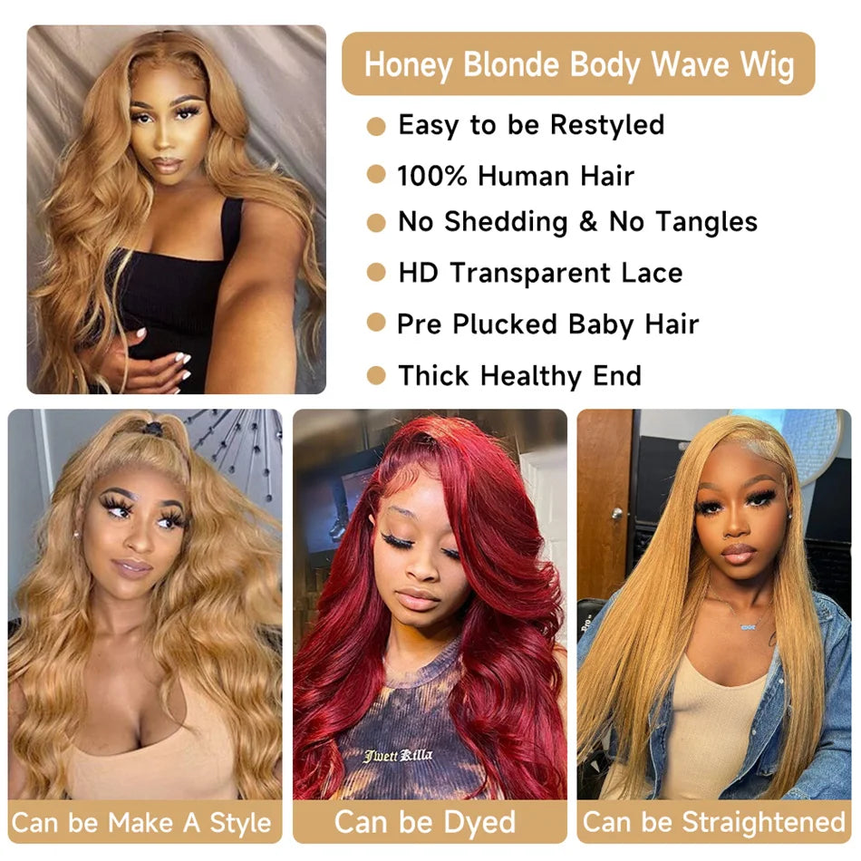 #27 Honey Blonde 13x4 HD Lace Front Wigs Human Hair 30 32 34Inch Body Wave Lace Frontal Colored Human Hair Wigs 180% Density
