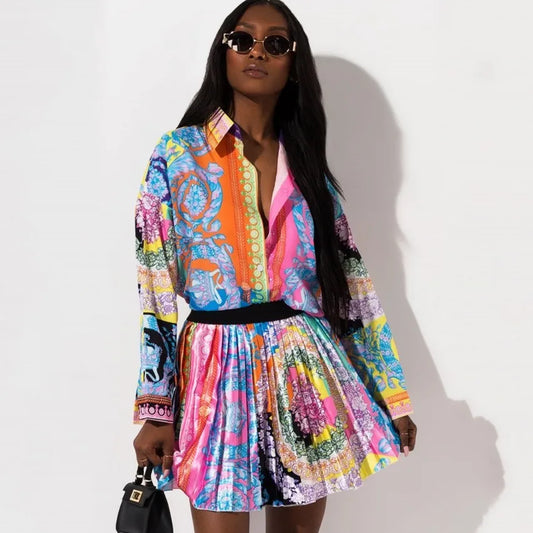 2 Pieces Set Sexy Autumn Fashion Women Set 2021 Female Tops Floral Print Long Sleeve Shirt Elastic Waist Mini Skirts